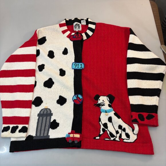 Storybook Knits Sweaters - Storybook Knits 1X Dalmatian Fire Truck Hydrant 911 Cardigan Sweater Red Black